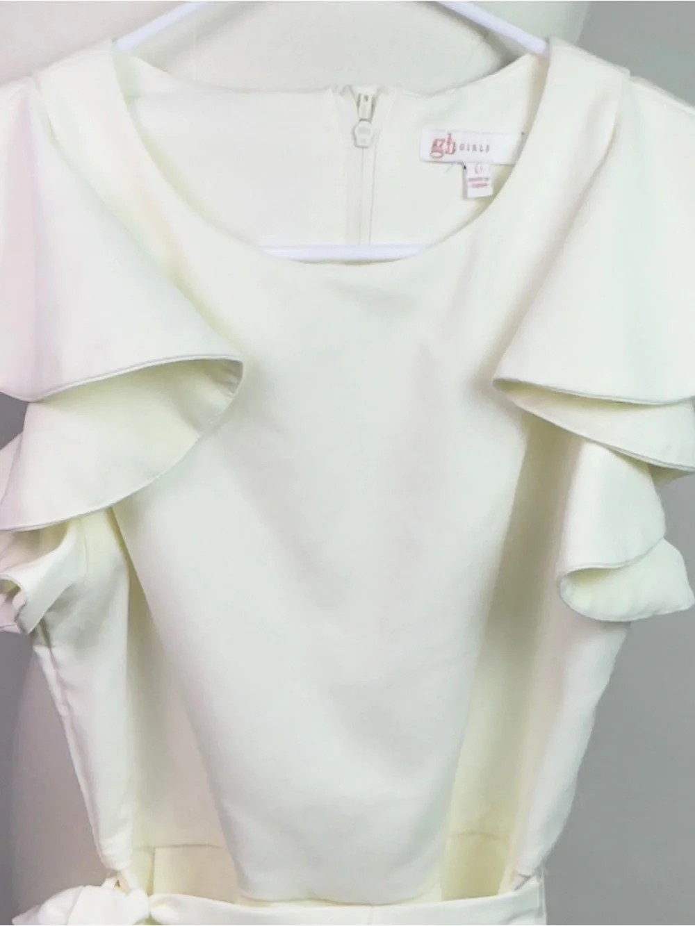 GB girls Cream White Ruffle Sleeve Shorts Romper | Pockets Waist Tie Bow Formal